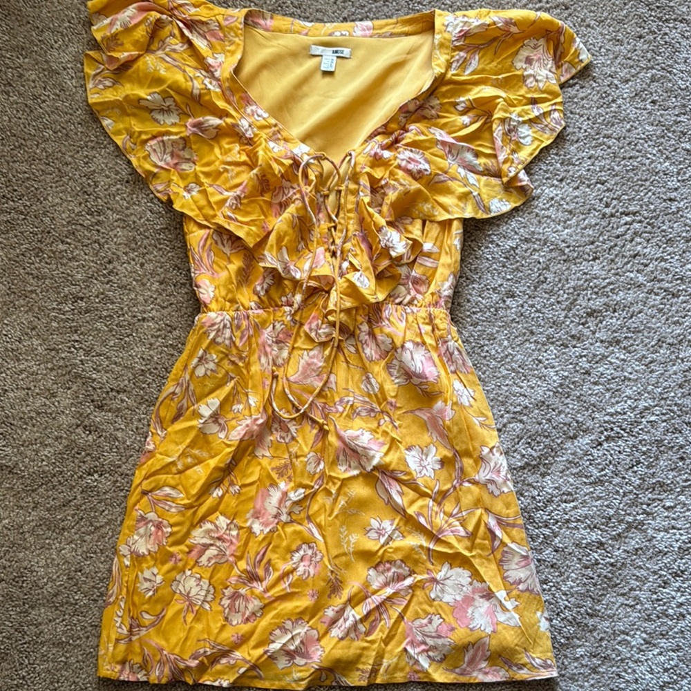 Amuse Society Mustard Yellow Floral Ruffle Mini Dress